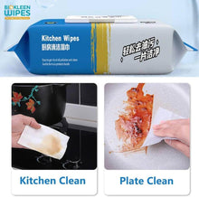 تحميل الصورة في عارض المعرض، Biokleen Kitchen Wipes packaging with usage examples on a light blue background