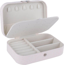 Load image into Gallery viewer, Leather jewelry box with multiple compartments for rings, earrings, and necklaces, showing an open design with hooks and dividers.