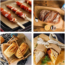 تحميل الصورة في عارض المعرض، 50 Pcs Pack | Non-Stick Baking Paper for Baking & Pastry (30 x 40 cm) shown with various baked goods on trays.