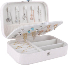 Load image into Gallery viewer, Leather portable travel jewelry box, showcasing earrings, rings, and adjustable storage compartments.