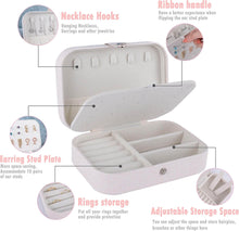 Load image into Gallery viewer, Leather portable travel jewelry box with necklace hooks, storage for earrings, rings, and adjustable compartments.