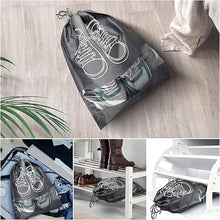 تحميل الصورة في عارض المعرض، Travel Shoe Bag, Waterproof Dustproof, Transparent Slot and Drawstring for Gym and Travel (36 x 45 cm) Grey in use.