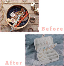Load image into Gallery viewer, Before and after of a cluttered jewelry box and an organized leather travel jewelry case.