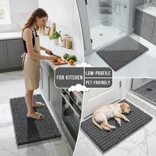 Load image into Gallery viewer, Gray doormat shown in use in a kitchen, bathroom, and with a dog on a marble floor.