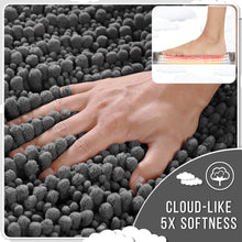 Load image into Gallery viewer, Gray textured rug with a hand touching it, showing its softness, with a inset of feet wearing socks on a white background.