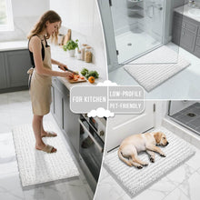 تحميل الصورة في عارض المعرض، Collage of a woman in a kitchen, a dog on a mat, and a low-profile mat in a bathroom.