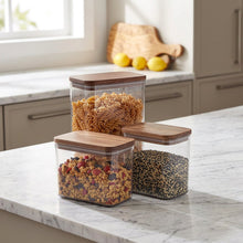 Load image into Gallery viewer, Food Storage Container Set - Airtight Acrylic 3 PCs Set with Wooden Lid (2100 ml. - 2 x 900 ml.) Rectangle Tall Containers