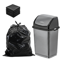 Load image into Gallery viewer, Silver trash bin with black trash bags on a white background