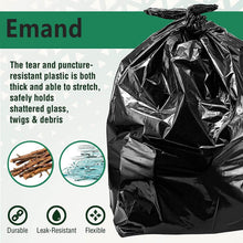 Load image into Gallery viewer, Black trash bag with text about its properties and uses, featuring the brand 'Emand'.