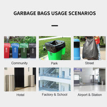 Load image into Gallery viewer, Garbage bags usage scenarios including community, park, street, hotel, factory & school, and airport & station.