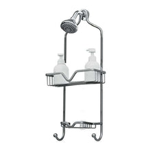 Load image into Gallery viewer, A silver aluminum shower caddy with two baskets and shelves, equipped with a shower head, designed to hold shampoo, conditioner, and soap bottles.
