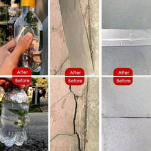 Load image into Gallery viewer, Before and after comparison of a bottle being held over water, a crack being repaired on concrete, and a wall being repaired with a mesh.