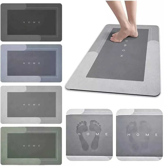 Gray 'HOME' mat with footprints and a person stepping on it