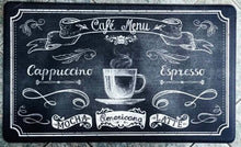 Load image into Gallery viewer, Decorative mat with coffee-themed text and graphics on a dark background