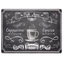 Load image into Gallery viewer, Decorative mat with chalkboard-style design featuring coffee terms and a cup of coffee.