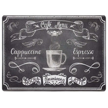 Load image into Gallery viewer, Decorative mat with chalkboard-style design featuring coffee terms and a cup of coffee.