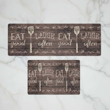 تحميل الصورة في عارض المعرض، Two wooden signs with 'Eat good, Laugh often' text on a marble background