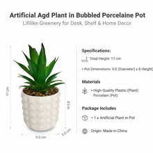 Load image into Gallery viewer, Artificial agave plant in bubbled porcelain pot with product details on a white background