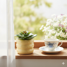 تحميل الصورة في عارض المعرض، Succulent plant in a pot next to a teacup on a windowsill with a blurred outdoor background