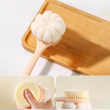 Load image into Gallery viewer, White scrubbing brush with wooden handle on a wooden tray, with close-up insets showing use.