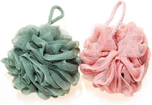Load image into Gallery viewer, Exfoliating bath sponge loofah set in green and pink colors with hanging strings for easy drying.