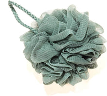 Load image into Gallery viewer, Exfoliating bath sponge loofah in teal with a long hanging string for easy drying.
