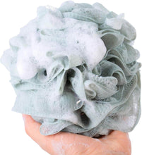 Load image into Gallery viewer, Exfoliating loofah bath sponge with bubbles held in hand, showcasing high-quality mesh for lasting durability.