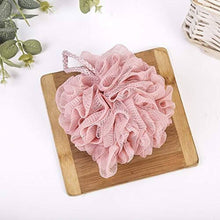 Load image into Gallery viewer, Pink exfoliating loofah bath sponge with a long hanging string on a wooden surface.