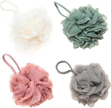 Load image into Gallery viewer, Colorful exfoliating loofah bath sponges with hanging strings for easy drying, including pink, green, white, and gray.