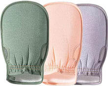 Load image into Gallery viewer, Set of three exfoliating loofah gloves in green, peach, and gray colors for smooth skin and effortless exfoliation.