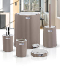 تحميل الصورة في عارض المعرض، Bathroom accessories set including a toilet brush holder, soap dispenser, and trash can in a neutral color scheme.