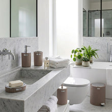 تحميل الصورة في عارض المعرض، Bathroom accessories set including a toilet brush holder, soap dispenser, and trash can in a neutral color scheme.