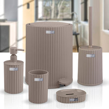 Load image into Gallery viewer, Set of cylindrical outdoor trash cans in a modern outdoor setting with a building in the background.