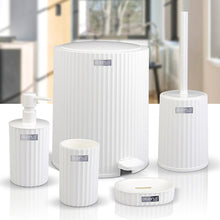 Load image into Gallery viewer, White bathroom accessories including a toilet brush, holder, and bottles on a white background.