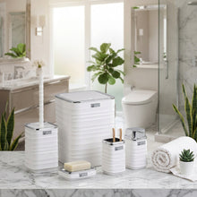 تحميل الصورة في عارض المعرض، Bathroom accessory set with a trash can, soap dish, and toothbrush holder on a white background.