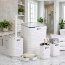 تحميل الصورة في عارض المعرض، Set of white bathroom accessories including a trash can, soap dish, and toothbrush holder in a bathroom setting.