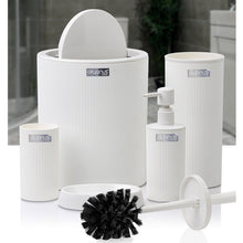 Load image into Gallery viewer, White bathroom accessories set with a mirror in the background