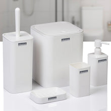 Load image into Gallery viewer, Set of white bathroom accessories including a trash can, soap dispenser, and brush holder on a white surface.