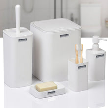 Load image into Gallery viewer, White bathroom accessories set including a trash can, soap dish, and toothbrush holder on a light background.
