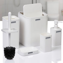 Load image into Gallery viewer, Set of white bathroom cleaning tools including a brush, scrubber, and containers on a white surface.