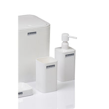 Load image into Gallery viewer, Set of white bathroom accessories including a trash can, soap dispenser, and container on a white background