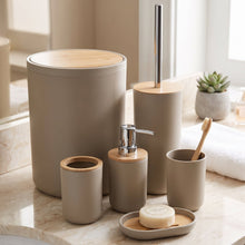 تحميل الصورة في عارض المعرض، Bathroom Accessory Set - 6-Piece Modern Round Vanity Suite with Natural Bamboo Trim & Waste Bin