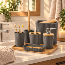 تحميل الصورة في عارض المعرض، Bathroom Accessory Set - 6-Piece Modern Square Vanity Suite with Natural Bamboo Trim & Waste Bin