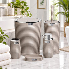 Load image into Gallery viewer, Beige ribbed 5-piece bathroom set with silver trim