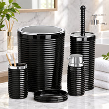 Load image into Gallery viewer, Black ribbed 5-piece bathroom set with silver trim