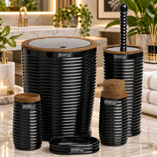 Load image into Gallery viewer, Black ribbed 5-piece bathroom set with wood-look trim