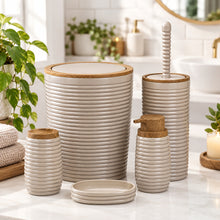 Load image into Gallery viewer, Beige ribbed 5-piece bathroom set with wood-look trim