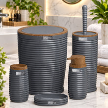 Load image into Gallery viewer, Grey ribbed 5-piece bathroom set with wood-look trim