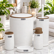 Load image into Gallery viewer, White ribbed 5-piece bathroom set with wood-look trim