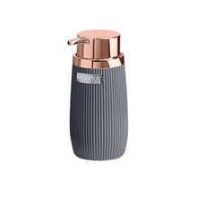 Load image into Gallery viewer, A black striped soap dispenser with a copper frame and a pump, with the brand 'Meyco' visible on the front.